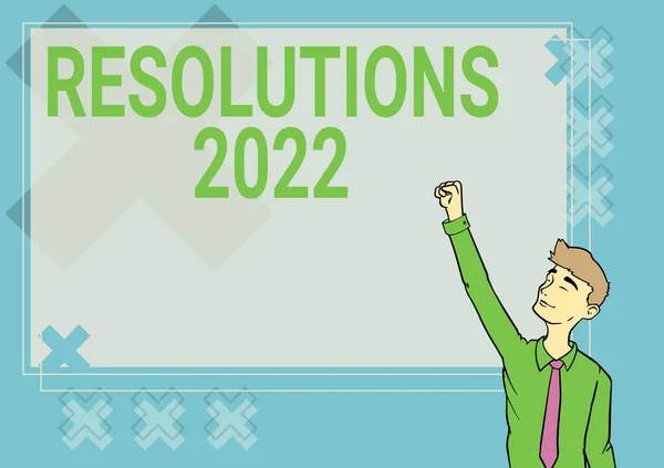 Bildunterschrift: Vorsätze 2022. Internet-Konzept Liste der Dinge wünscht, im nächsten Jahr vollständig erledigt zu werden Happy Man Illustration Standing Infront Board hebt die Hände für den Erfolg. — Stockfoto