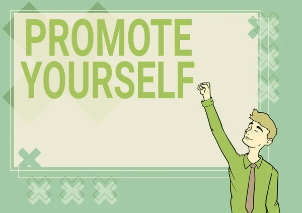 Writing displaying text Promote Yourself. Business concept market and introduce to others Improvement Encourage Happy Man Illustration Standing Infront Board Raising Hands For Sucess. — Stock Photo, Image