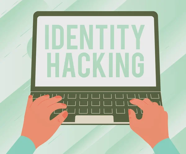 Exibição conceitual Identity Hacking. Visão geral do negócio criminoso que roubar suas informações pessoais usando malware Ilustração de uma mão ocupada trabalhando em laptop Procurando ideias. — Fotografia de Stock