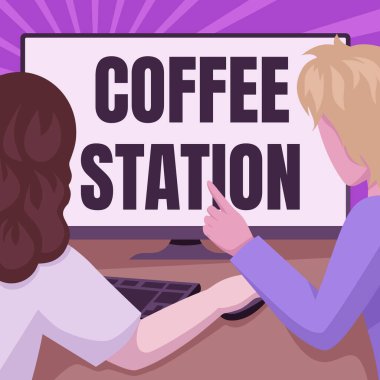 El yazısı tabelası Kahve İstasyonu. Tipik olarak sıcak içecekler sunan küçük, gayri resmi bir restoran için Masaüstü Bilgisayarını kullanarak Çizen Çift İşlerini Yapıyor.