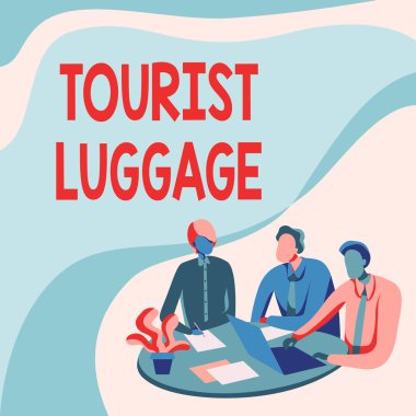 Kavramsal manşet Turist Sandığı. İş yaklaşım çantasının içinde seyahat eden meslektaşlar için gerekli her şey var. Dizüstü bilgisayarlı bir masada oturup tartışmalar..