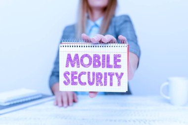 Metin başlığı Mobil Güvenliği temsil ediyor. İş dünyası cep telefonunun tehditler ve savunmasızlıklardan korunması Yeni İş Sunumları Fikirleri, Gösterim Planları ve Tasarımları