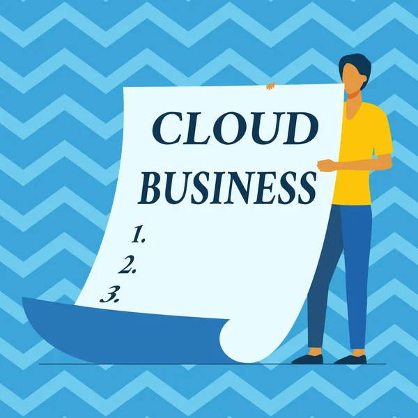 Bildunterschrift: Cloud Business. Unternehmensübersicht internetbasierte Bereitstellung von Dienstleistungen, die den Nutzern zur Verfügung gestellt werden Man Standing Holding Large Blank Paper, das neue Bedeutung und Botschaft zeigt. — Stockfoto