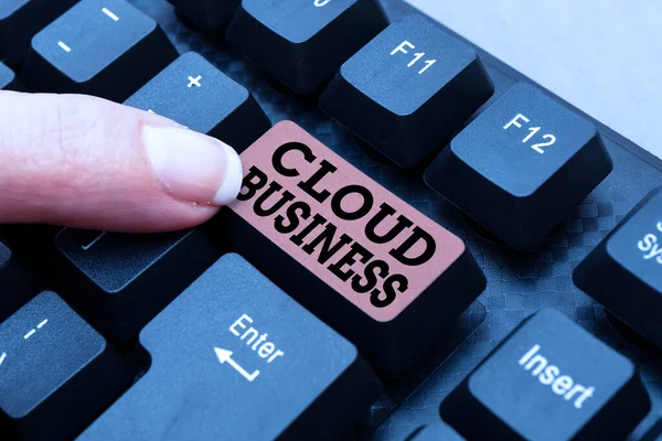 Znak tekstowy pokazujący Cloud Business. Przegląd biznesowy świadczenie usług przez Internet udostępnianych użytkownikom Streszczenie Reasearching Old Online Articles, Creating Copies Of Previous Data — Zdjęcie stockowe