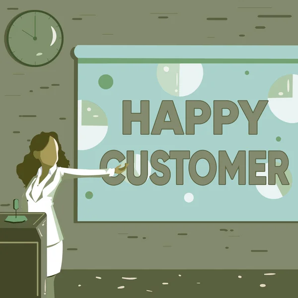 Inspiration showing sign Happy Customer. Business approach highest satisfaction rate with the commodity they bought Lady Drawing Standing Holding Projector Remote Control Presenting Pie Charts — Stock Photo, Image