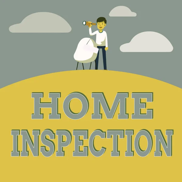 Hand writing sign Home Inspection. Word for Examination of the condition of a home related property Man Binoculars Illustration Standing Chair With Sign Looking Opportunities. — 图库照片