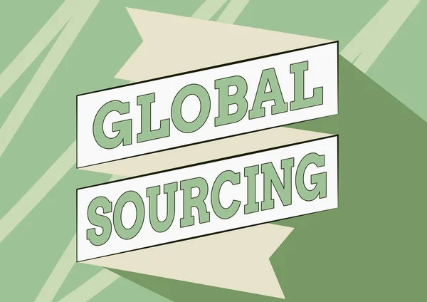 Leyenda conceptual Global Sourcing. Práctica fotográfica conceptual de aprovisionamiento del mercado global de bienes Dibujo de marco de papel plegado en patrón Zigzag. — Foto de Stock
