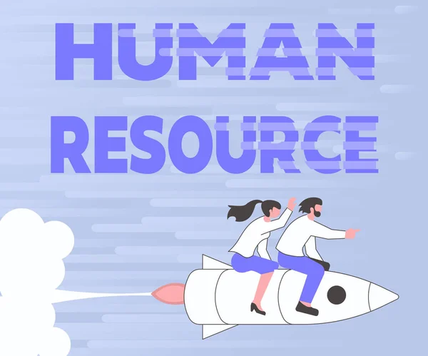 Handskrift tecken Human Resource. Affärsidé en kritisk avdelning hantera bemanning och anställda oro Illustration av glada partners Riding On Rocket Ship Exploring World. — Stockfoto
