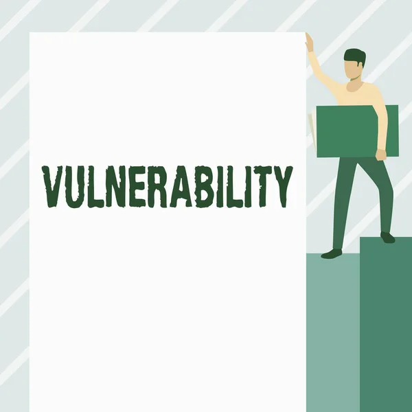 Inspiration showing sign Vulnerability. Business concept State of being exposed to the possibility of being attacked Man Standing Carrying Large Notebook While Showing Big Whiteboard. — Stock Photo, Image