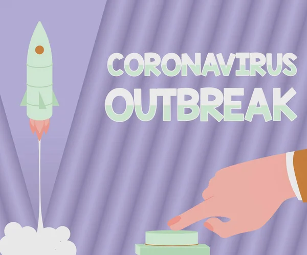 Texto conceptual Brote de Coronavirus. Palabra escrita sobre enfermedades infecciosas causadas por el hombre recién descubierto COVID19 pulsando el botón para lanzar cohete al espacio para nuevos horizontes. — Foto de Stock