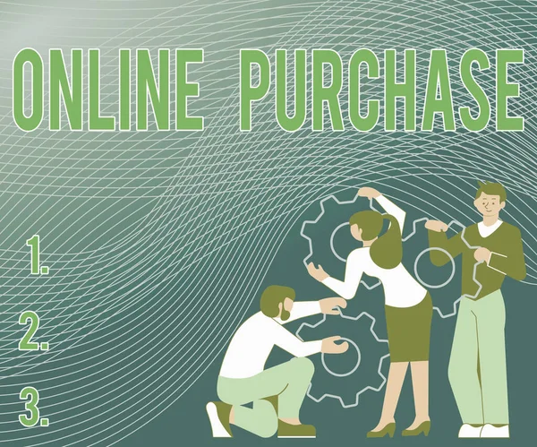 Online Purchase 에는 다음 뜻 이 있다. 인터넷 삽화를 통해 전자 상거래 물품을 구입하는 일에 관해 기록된 글,스 푸르 기어를 들고 있는 한 그룹 이 각자의 일을 돕는 모습. — 스톡 사진