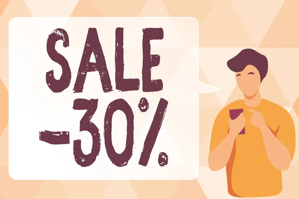 Handwriting text Sale 30 Percent. Word for A promo price of an item at 30 percent markdown Man Illustration Using Mobile And Displaying Speech Bubble Conversation. — 图库照片