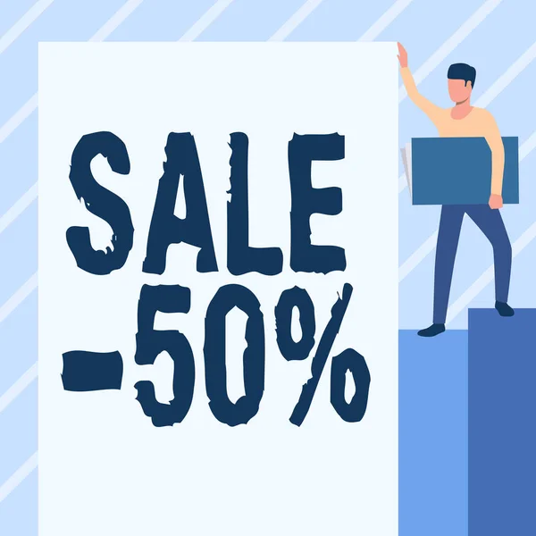 Konceptuell display Försäljning 50 Procent. Konceptfoto Ett kampanjpris på ett objekt vid 50 procent markdown Man Standing Carrying Large Notebook While Visar Big Whiteboard. — Stockfoto