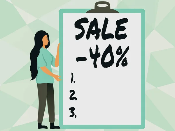 Text showing inspiration Sale 40 Percent. Business concept A promo price of an item at 40 percent markdown Woman Drawing Holding A Big Empty Clipboard Showing New Meaning. — 图库照片
