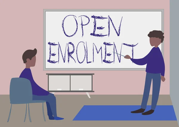 Znak pisma ręcznego Open Enrolment. Słowo na pozwala na stosowanie ubezpieczenia zdrowotnego w okresie Nauczyciel i uczeń Rysunek o klasie Prywatnie w klasie. — Zdjęcie stockowe