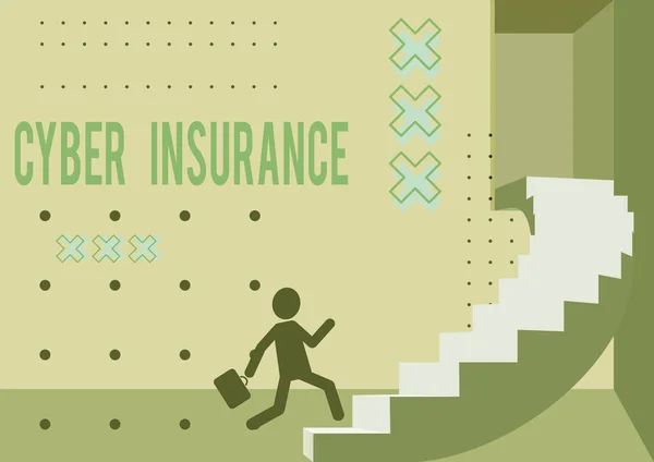 Sinal de texto mostrando Cyber Insurance. Plano exclusivo de abordagem de negócios para proteger a empresa do risco baseado na Internet Gentleman In Suit Running Upwards On A Large Stair Steps Showing Progress. — Fotografia de Stock