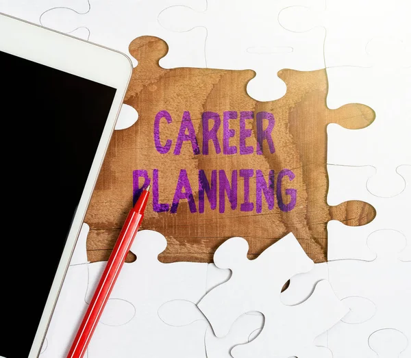 Writing displaying text Career Planning. Word Written on Strategically plan your career goals and work success Building An Unfinished White Jigsaw Pattern Puzzle With Missing Last Piece — Stock Photo, Image