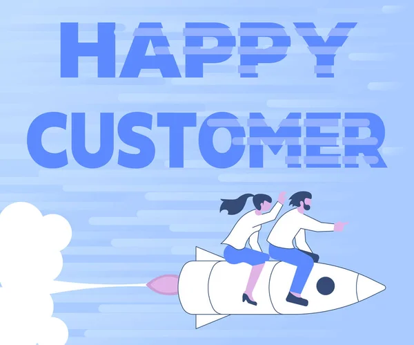 Χειρόγραφο μήνυμα Χαρούμενος Πελάτης. Έννοια φωτογραφία υψηλότερο ποσοστό ικανοποίησης με το εμπόρευμα που αγόρασαν Εικονογράφηση του Happy Partners Riding On Rocket πλοίο εξερεύνηση του κόσμου. — Φωτογραφία Αρχείου
