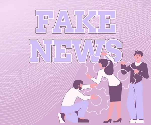 가짜 뉴스 (Fake News) 는 다음을 가리킨다. 거짓 정보를 가리키는 말들은 스푸어 기어 를 들고 있는 한 집단의 사람들 이 각자의 일을 돕는 진정 한 뉴우스 삽화 라는 위장하에 출판 된다. — 스톡 사진