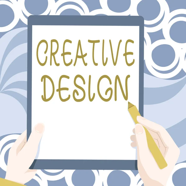 Sign displaying Creative Design. Business overview a visual element which satisfies its main objective Drawing Of Both Hands Holding Tablet Lightly Presenting Wonderful Ideas — Stock Photo, Image