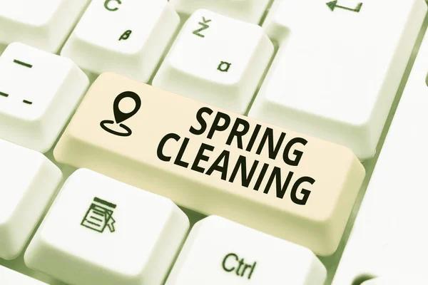 Hand writing sign Spring Cleaning. Word for practice of thoroughly cleaning house in the springtime Buying And Selling Goods Online, Listing Products Through Internet — Stock Photo, Image