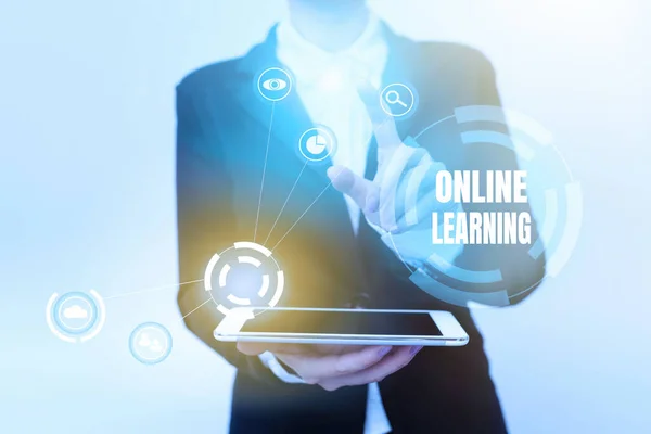 Handwriting text Online Learning. Business overview Larning with the assistance of the Internet and a computer Woman In Uniform Holding Mobile Phone Showing Futuristic Virtual Icons — Stockfoto