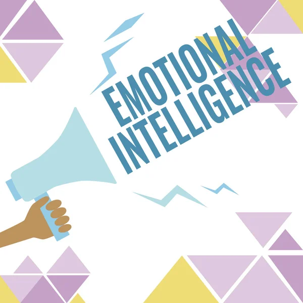 Bildunterschrift: Emotionale Intelligenz. Geschäftskonzept Selbst- und Sozialbewusstsein handhaben Beziehungen gut Illustration von lautem Megafon, das Ansage an die Öffentlichkeit macht. — Stockfoto