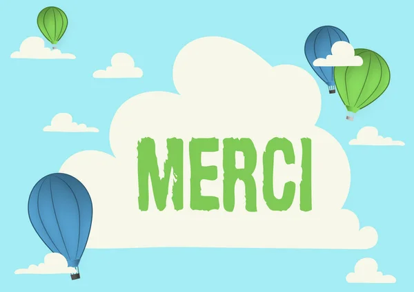 手書きのサインメルシー。誰かがフランスであなたを助けるときに言われたことや応答ビジネスアプローチありがとう気球イラスト空飛ぶ雲が新しい目的地に到達 — ストック写真