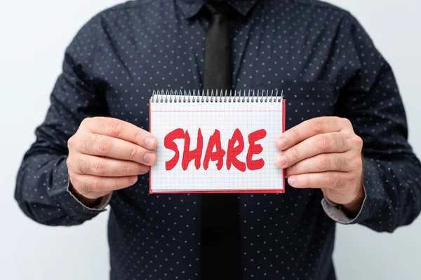 Podpis wyświetlający Share. Biznes prezentuje pełną lub właściwą porcję lub część przydzieloną lub należącą do lub należną Prezentowanie nowych planów i pomysłów Demonstrujących proces planowania — Zdjęcie stockowe