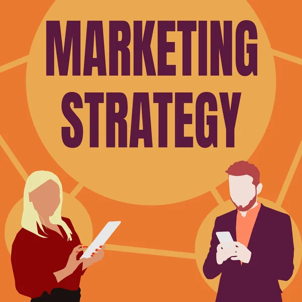 Text sign showing Marketing Strategy. Word for Scheme on How to Lay out Products Services Business Illustration Of Partners Busy Using Smartphones Searching Ideas. — Stock Photo, Image