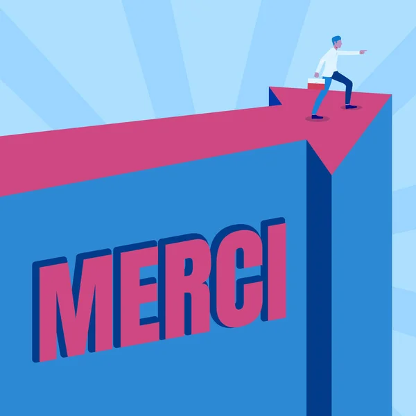 Writing displaying text Merci. Word for what is said or response when someone helps you in France Thank you Man Illustration Carrying Suitcase On Top Of Arrow Showing New Phase Targets. — 图库照片