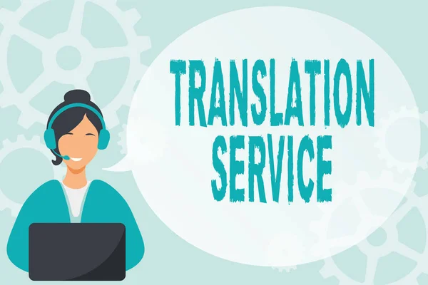 Conceptual caption Translation Service. Concept meaning the Equivalent Target Language from the Mother Tongue Lady Call Center Illustration With Headphones Speech Bubble Conversation. — 图库照片