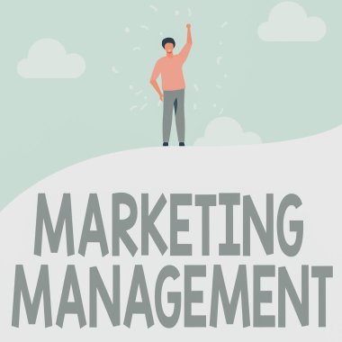 İlham, işaret Pazarlama Yönetimi 'ni gösteriyor. İş görüşü Geliştirme Reklamları Yeni Ürün veya Hizmet Adamı Yükselen Elle Gök Yüzen Tepe Başarı Gösterisini Destekliyor.