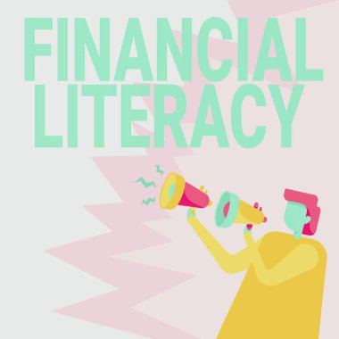 Mali Edebiyat 'ı sunan metin başlığı. Kavramsal fotoğraf paranın nasıl işlediği hakkında anlaşılır ve bilgilidir. İş adamı elinde bir çift Megafon çizerek yeni bir duyuru yapar..