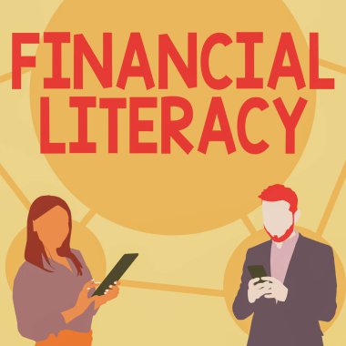 Finansal Edebiyat 'ı gösteren bir tabela. İş yaklaşımı, paranın nasıl işlediği konusunda anlaşılabilir ve bilgili ortakların akıllı telefonları kullanarak fikir aramakla meşgul olduğu.