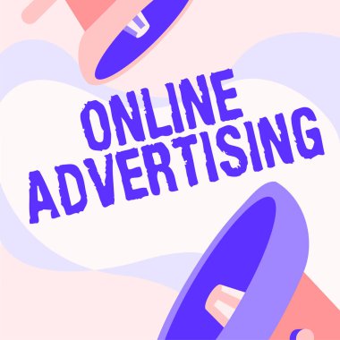 Çevrimiçi Reklamcılık 'ı gösteren metin işareti. Kavram, ürün ve hizmetleri desteklemek için internet pazarlaması, megafon çizimi, tepki verme bildirisi anlamına geliyor..