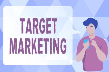 Metin işareti hedef pazarlamayı gösteriyor. Seyirci Hedefi Üzerine Yazılmış Sözcük Seçilmiş Müşteriler İnsan Resimleri Tanıtımı Mobil Kullanım ve Konuşma Kabarcığı Konuşmasını Gösteriyor.