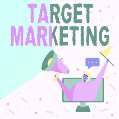 El yazısı tabelası Hedef Pazarlama. Seyirci Hedefi Üzerine Yazılan Sözcük Seçilmiş Müşteriler Bir Monitör İçinde Kadın Reklam Ekran Çizimi Megafonu ve Bayrak.