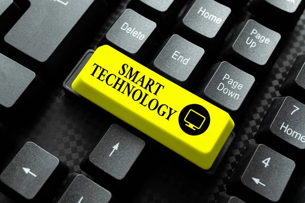 Conceptual caption Smart Technology. Business showcase gadgets or device that has a built in computer or chip Typing Online Website Informations, Editing And Updating Ebook Contents — Stock Photo, Image