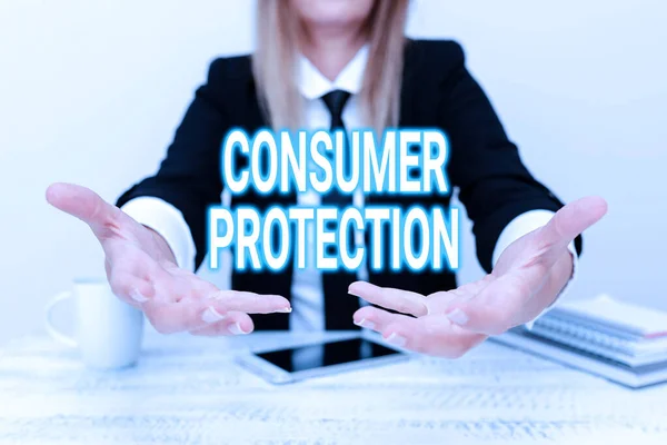 Kézírás jel Fogyasztóvédelem. Fogalmi fotó Méltányos kereskedelmi törvények a fogyasztók jogainak védelme érdekében Vállalati üzleti adatok bemutatása, vállalati problémák megvitatása — Stock Fotó