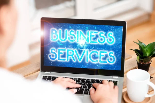 Концептуальный заголовок Business Services. Бизнес-идея Обеспечивает нематериальные продукты Бухгалтерия ИТ Бухгалтерия Женщина Занята печатание на ноутбуке рядом с кофе кружку и завод работает из дома. — стоковое фото