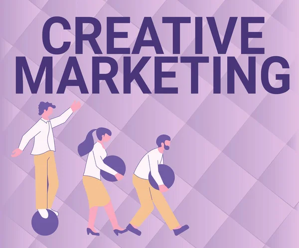Text sign showing Creative Marketing. Business idea Campaigning to meet the advertising requirements Illustration Of Group Bringing Their Own Heavy Sphere Together. — Stock Photo, Image