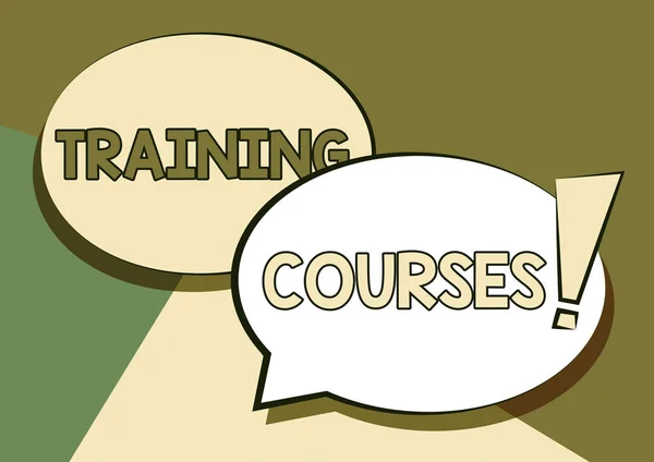 Writing displaying text Training Courses. Business overview is series of lessons or lectures teaching skills you need Two Colorful Overlapping Speech Bubble Drawing With Exclamation Mark. — Stock Photo, Image
