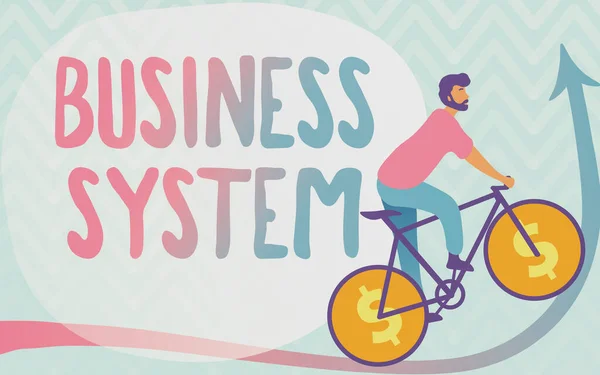 概念的キャプションビジネスシステム。ビジネスアプローチ組織の情報を分析する方法ドル記号ホイールで自転車に乗る男が上向きに行く. — ストック写真