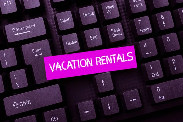 Text sign showing Vacation Rentals. Business concept Renting out of apartment house condominium for a short stay Filling Up Online Registration Forms, Gathering And Editing Internet Data