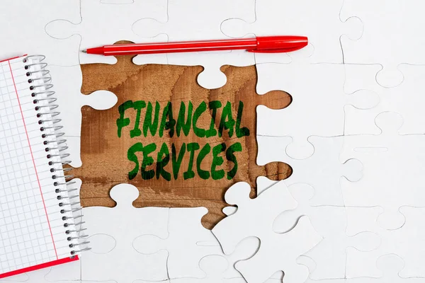 Text sign showing Financial Services. Word Written on Money and Investment Leasing Lending Stocks Brokerages Building An Unfinished White Jigsaw Pattern Puzzle With Missing Last Piece — Stock Photo, Image