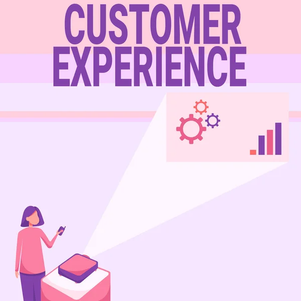 Text caption presenting Customer Experience. Business approach Interaction between Satisfied Customer and Organization Lady Standing Holding Projector Remote Control Presenting Graph Growth. — Stock Photo, Image