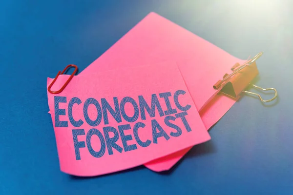 Conceptual caption Economic Forecast. Word Written on Process of making predictions about the economy condition Multiple Assorted Collection Office Stationery Photo Placed Over Table — Stock Photo, Image