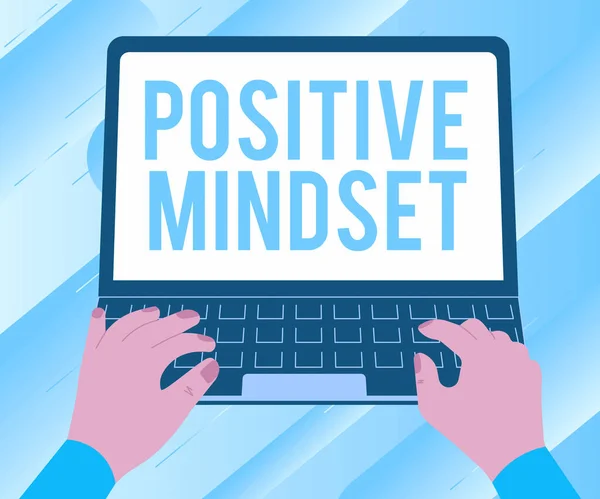 Bildunterschrift: Positive Mindset. Geschäftsübersicht geistige und emotionale Einstellung, die sich auf helle Seite konzentriert Illustration einer geschäftigen Hand, die am Laptop auf der Suche nach Ideen arbeitet. — Stockfoto