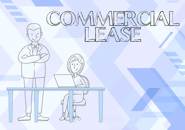Writing displaying text Commercial Lease. Business approach refers to buildings or land intended to generate a profit Man Standing Crossed Arms Watching Sitting Woman Using Laptop. — Stock Photo, Image